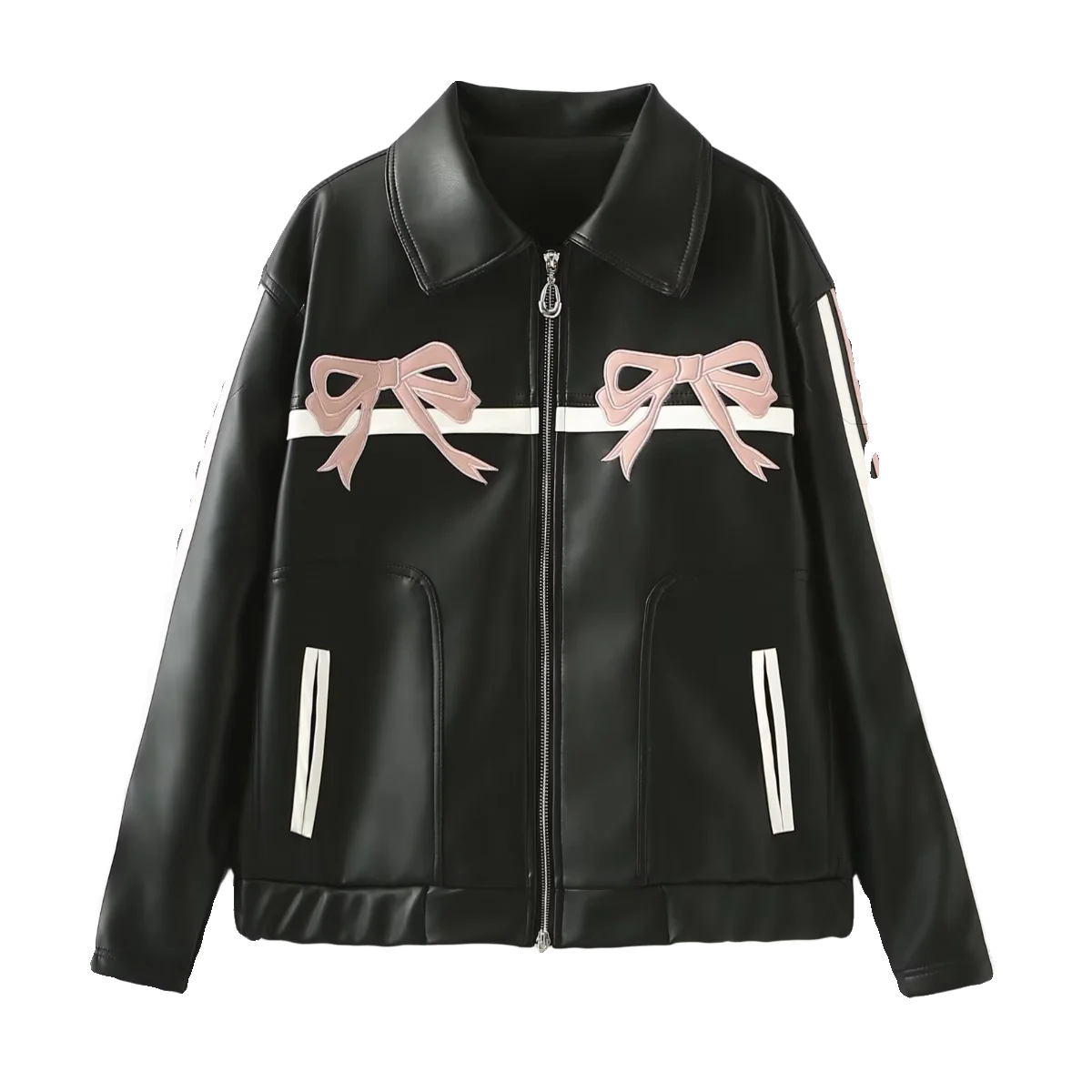 JNLEAOG Autumn New Casual Cool Black Leather Jacket Women's Outerwear  Knot Sweet Stylish Street Style Long Sleeve P...