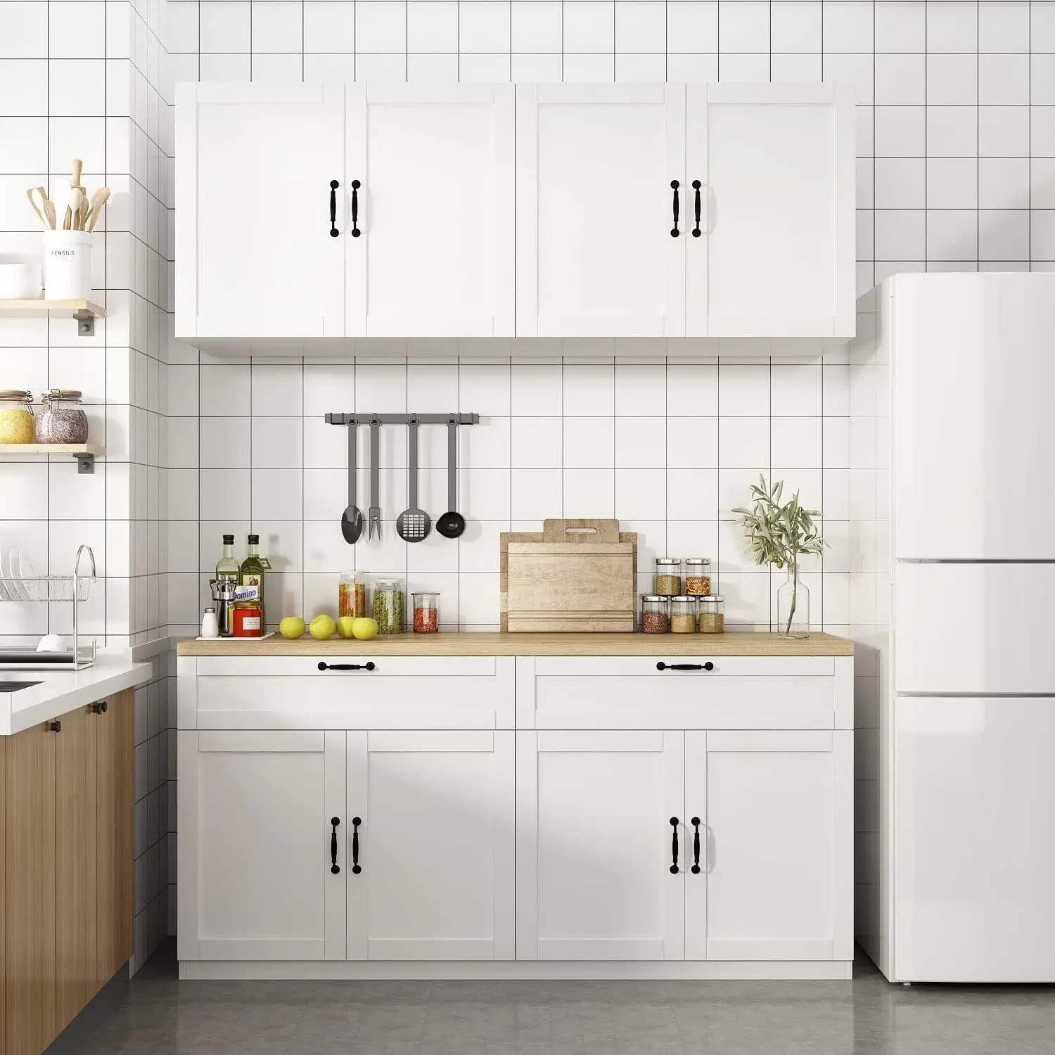

Wall-Mounted Kitchen Pantry Kitchen Cabinets with Countertop, Pantry Cabinet with Drawers & Doors, Wall Cabinet White and Oak