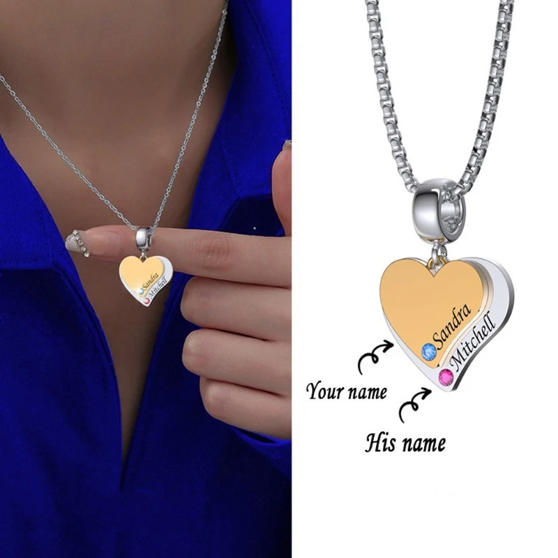 

Custom 2 Name Birthstone Heart Necklace Personalized Stainless Steel Two-Tone Pendant Engraved Names Jewelry For Women Gift