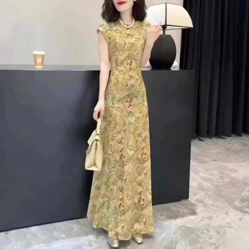 Summer New Retro Print Dr Women's Slim Fit Svel Long Dr Beautiful And Sli Polyester Knitted Thiened Basic S...