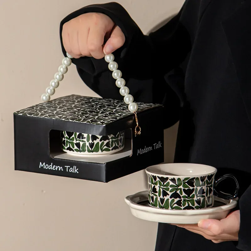 Vintage Ceramic Coffee Cup and Saucer Set Afternoon Tea Set Creative Pearl Gift Box for Birthday Valentine's Day and Wedding