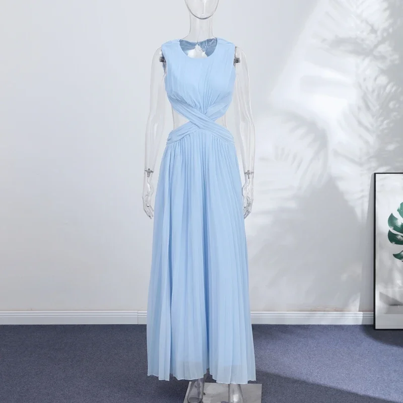 Elegantes plissiertes Damen-Maxikleid mit hohlem Rückenausschnitt, ärmellos, O-Ausschnitt, für Party und Urlaub, A-Linien-Kleider für Damen, Sommer 2026 Roben – Detail 1