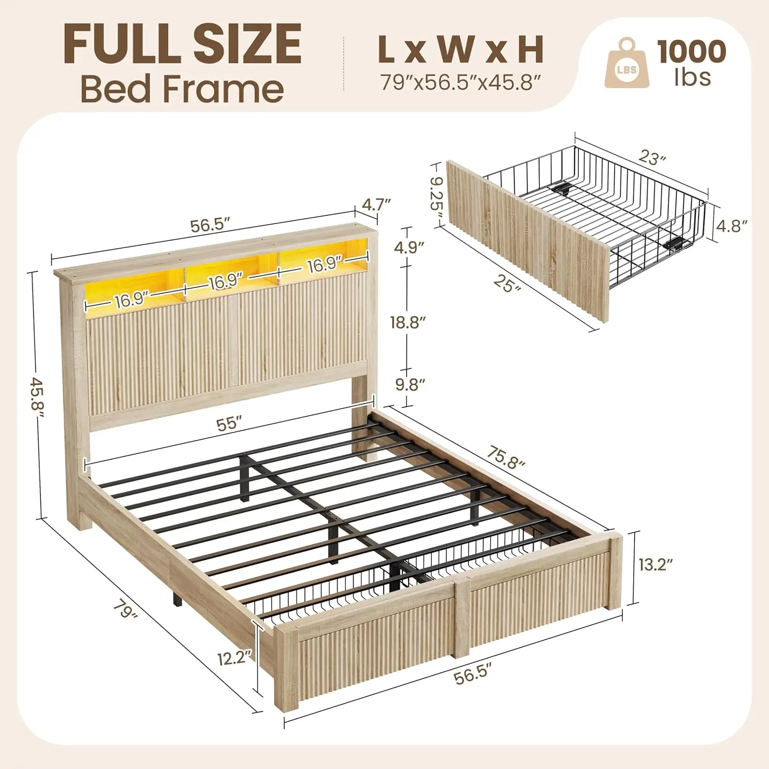 Full Size Wood Bed Frame with Headboard & 2 Storage Drawers, Customized