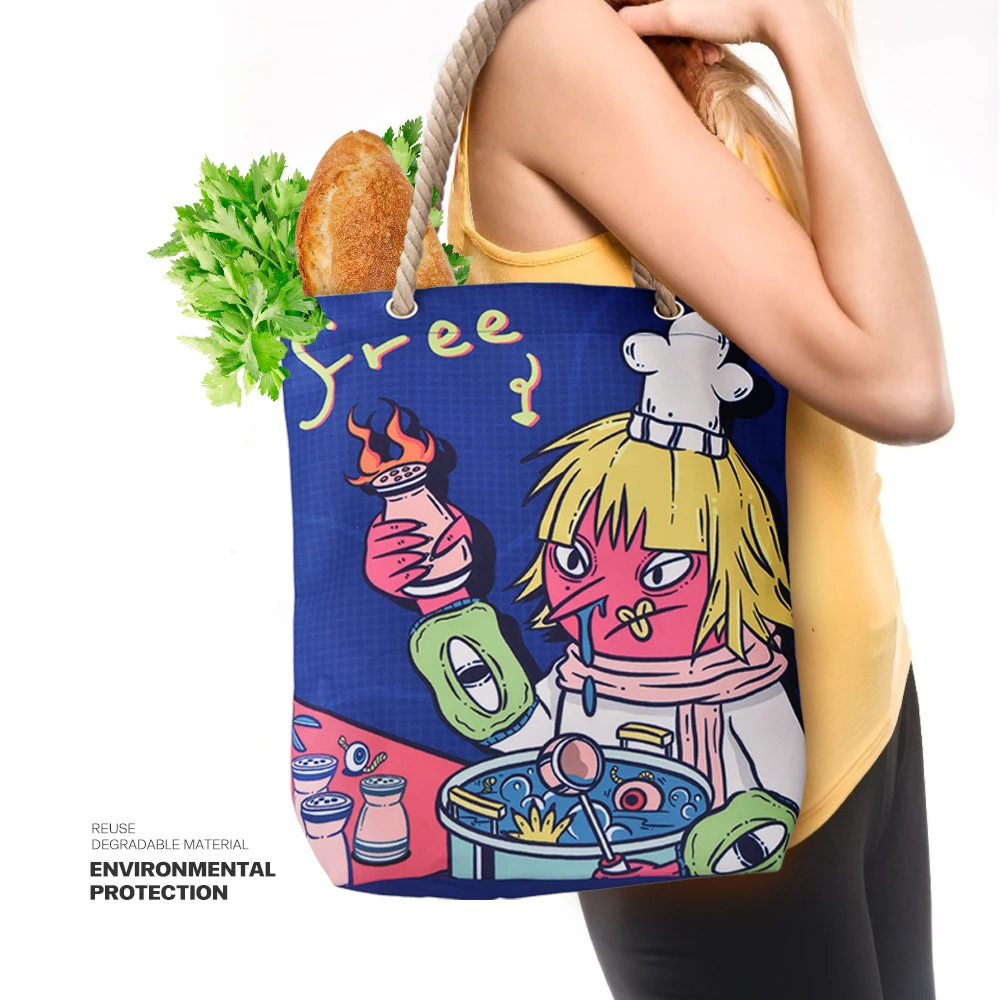 1PC graffiti illustration printed canvas bag, lightweight storage bag, multifunctional shopping bag