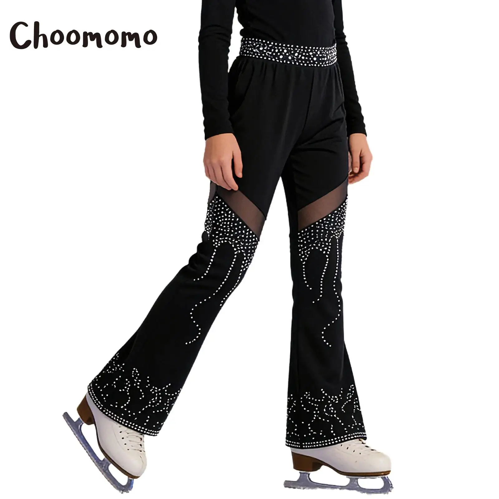 

Kids Girls Figure Skating Pants Thin Fleece Lined Leggings Elastic Waistband Mesh Shiny Rhinestones Gymnastics Practice Trousers