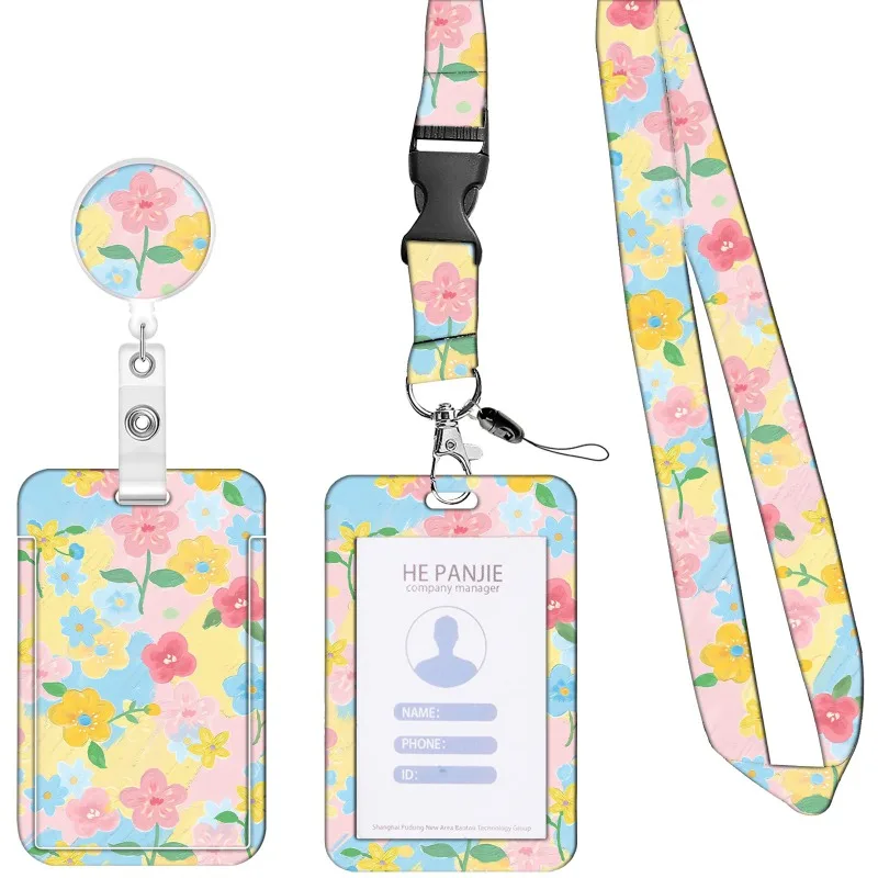 Cartoon Floral Cherry Printed Retractable Badge Reel Set,Fashion ID Card Holder Lanyard with 360° Clip Office Work Accessory