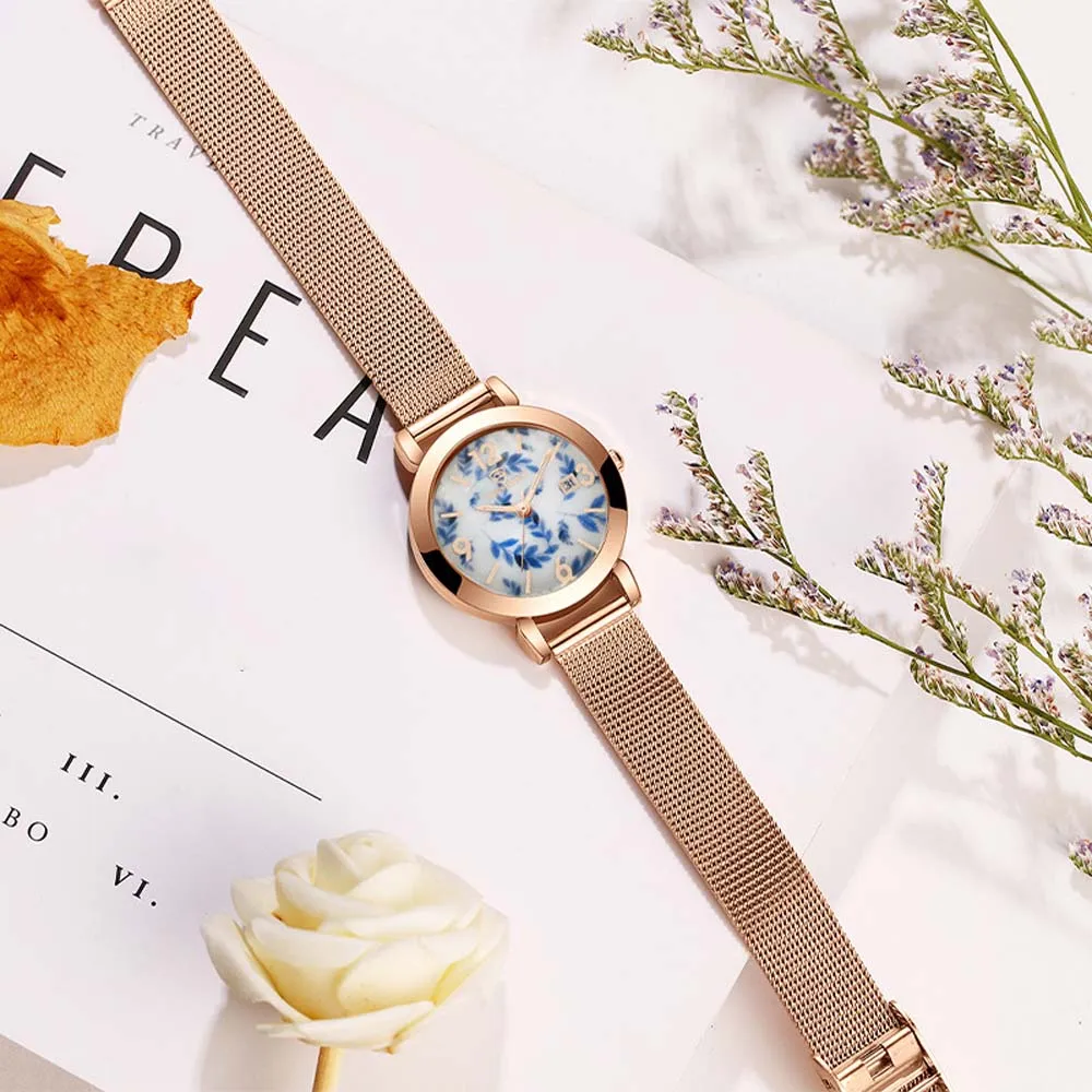 CAVEN DENTON Fashion Women's Vintage Chinese Blue and White Porcelain Mesh Band Stylish Quartz Watch reloj para mujer