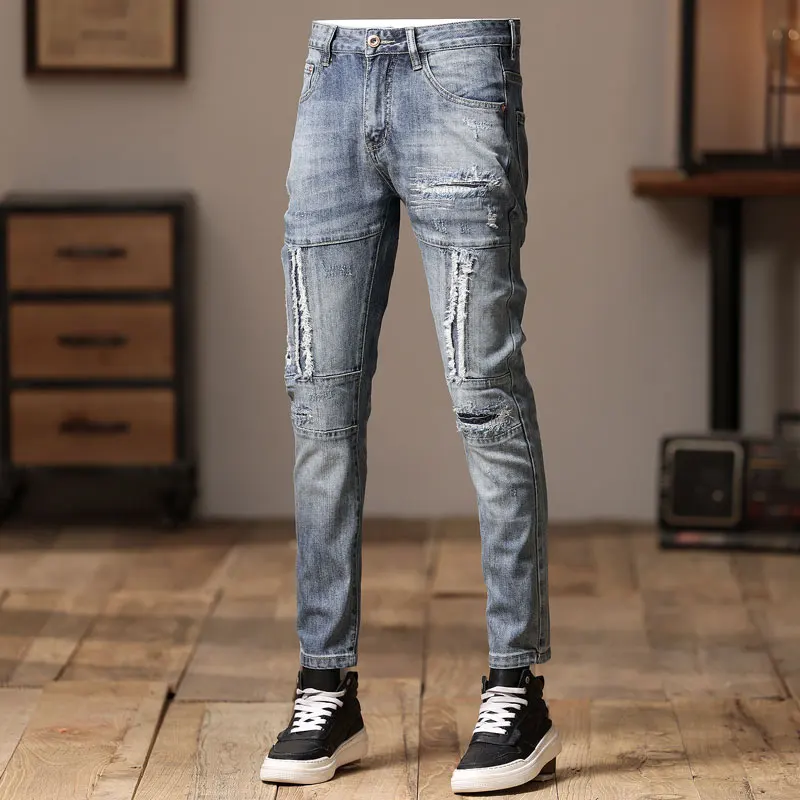 High Street Fashion Men Jeans Retro Light Blue Stretch Slim Fit Ripped Jeans Men Spliced Designer Hip Hop Denim Biker Pants