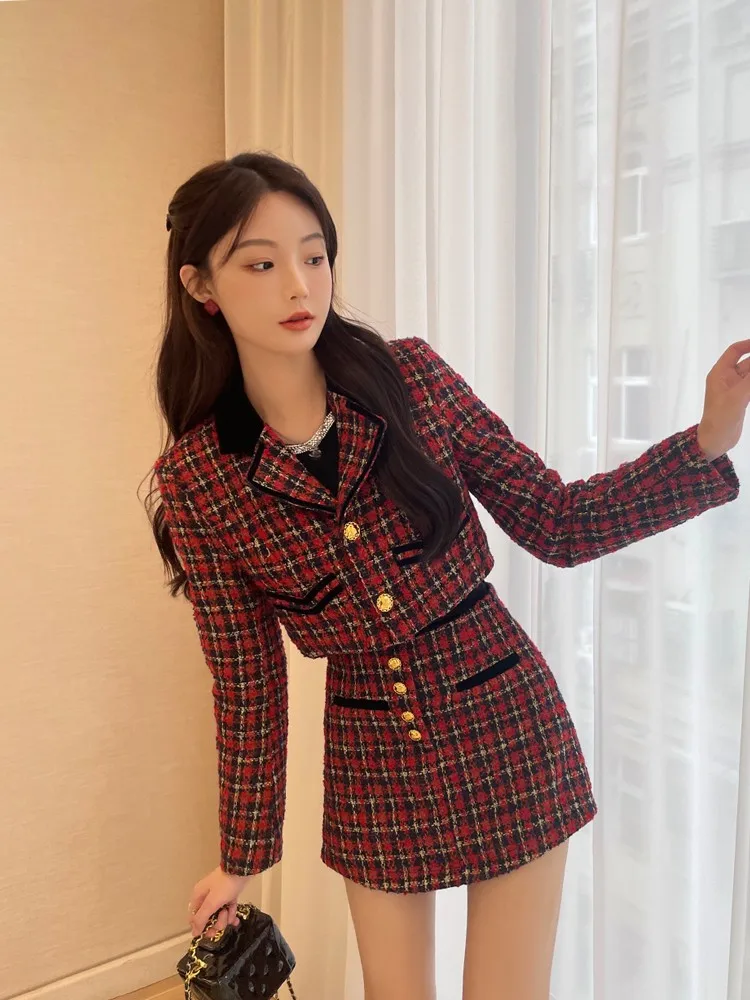 Sweet Women Spring Red Plaid Tweed Jacket Mini Skirt Two Piece Set Single Breasted Elegant Ladies Slim Fit Outfits Matching Sets