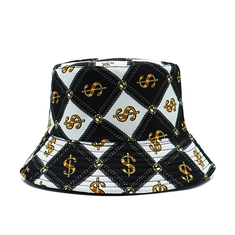 Bocca Plaid Dollar Printing Bucket Hat Black White Fisherman Hats Double Sides Panama Cap For Men Women Outdoor Sun Sunshade