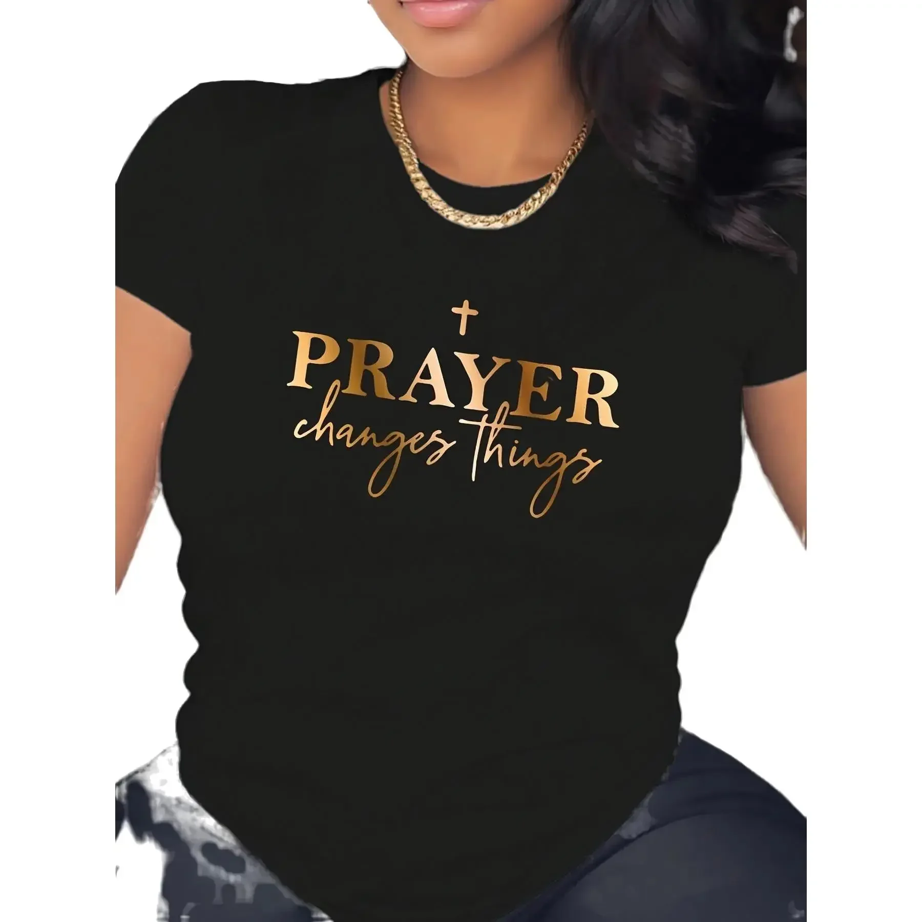 Women's Short-Sleeve Prayer Print T-Shirt - Round Neck, Comfortable Soft Breathable Fabric, Casual Fit, Elegant Gentle Style, 1-Piece Daily Wear for Believers, Shortsleeve,  Printed, Crew Neck, Lady, Simple