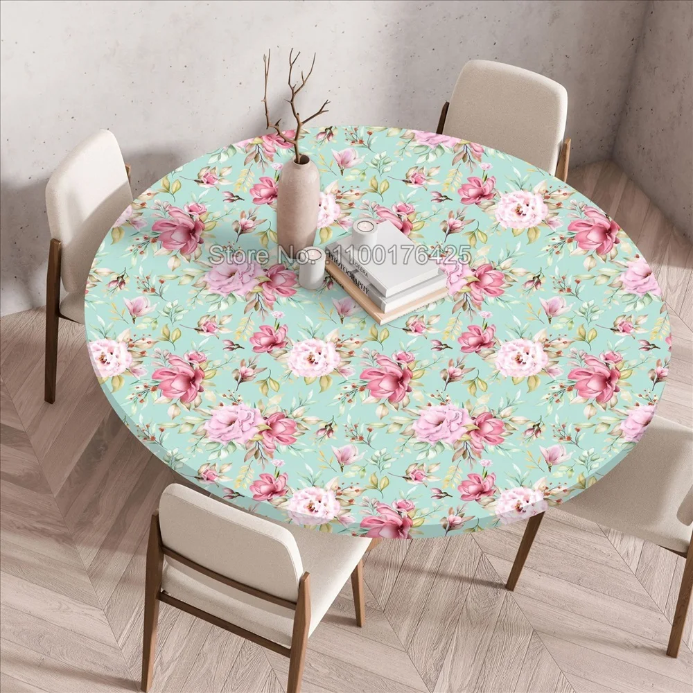 Plant and Flower Round Table Cover Waterproof and Elastic Dining Table Cloth Pink Green Tablecloth for Kitchen Home Textiles