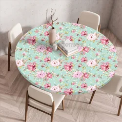 Plant and Flower Round Table Cover Waterproof and Elastic Dining Table Cloth Pink Green Tablecloth for Kitchen Home Textiles