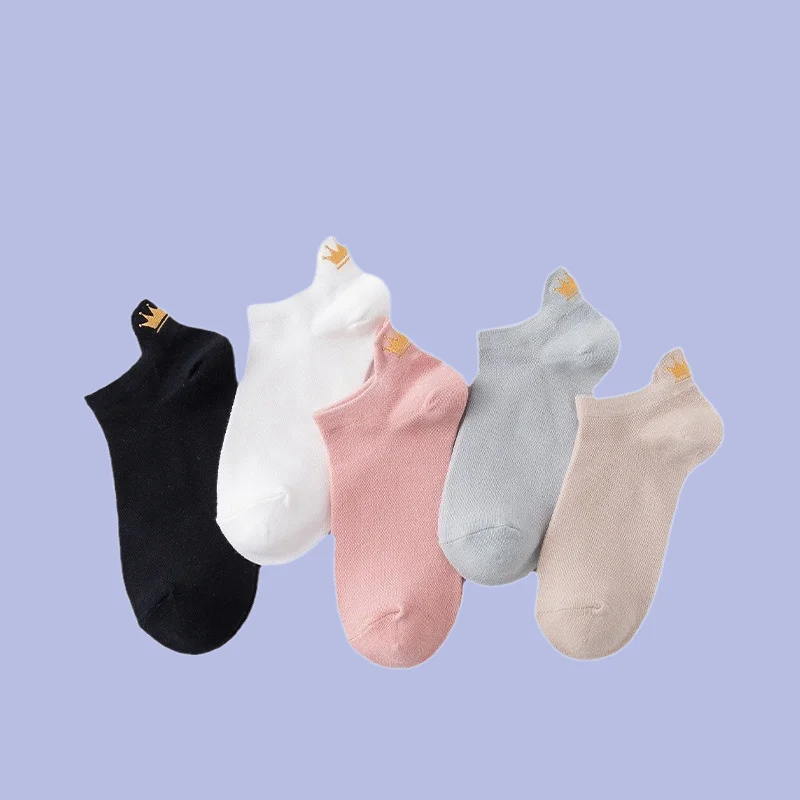 

3/6 Pairs Summer Thin Cotton Mesh Socks Embroidered Crown Japanese Cute Girls Shallow Mouth Boat Socks Women's Socks