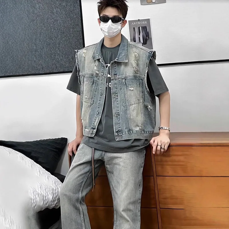 

American Retro Washed Frayed Short Vest Men, Sleeveless Loose Summer Trendy Stylish Sleeveless