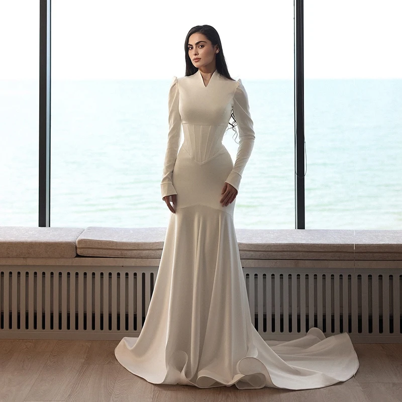 

Eightree 2026 Mermaid Wedding Dresses White Long Sleeves High Neck Bridal Dress Sweep Train Simple Wedding Prom Gowns Customized