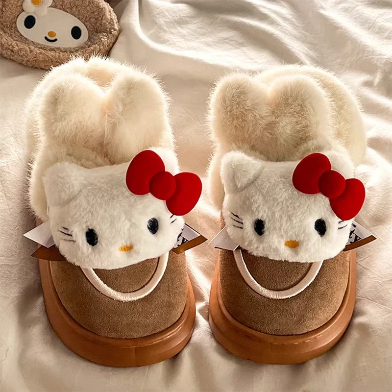 Hello Kitty Boots Anime Sanrio Snow Boots Autumn Winter Kawaii Women Soft Warmth Short Plush Cotton Shoe Cartoon Girl Flats Gift