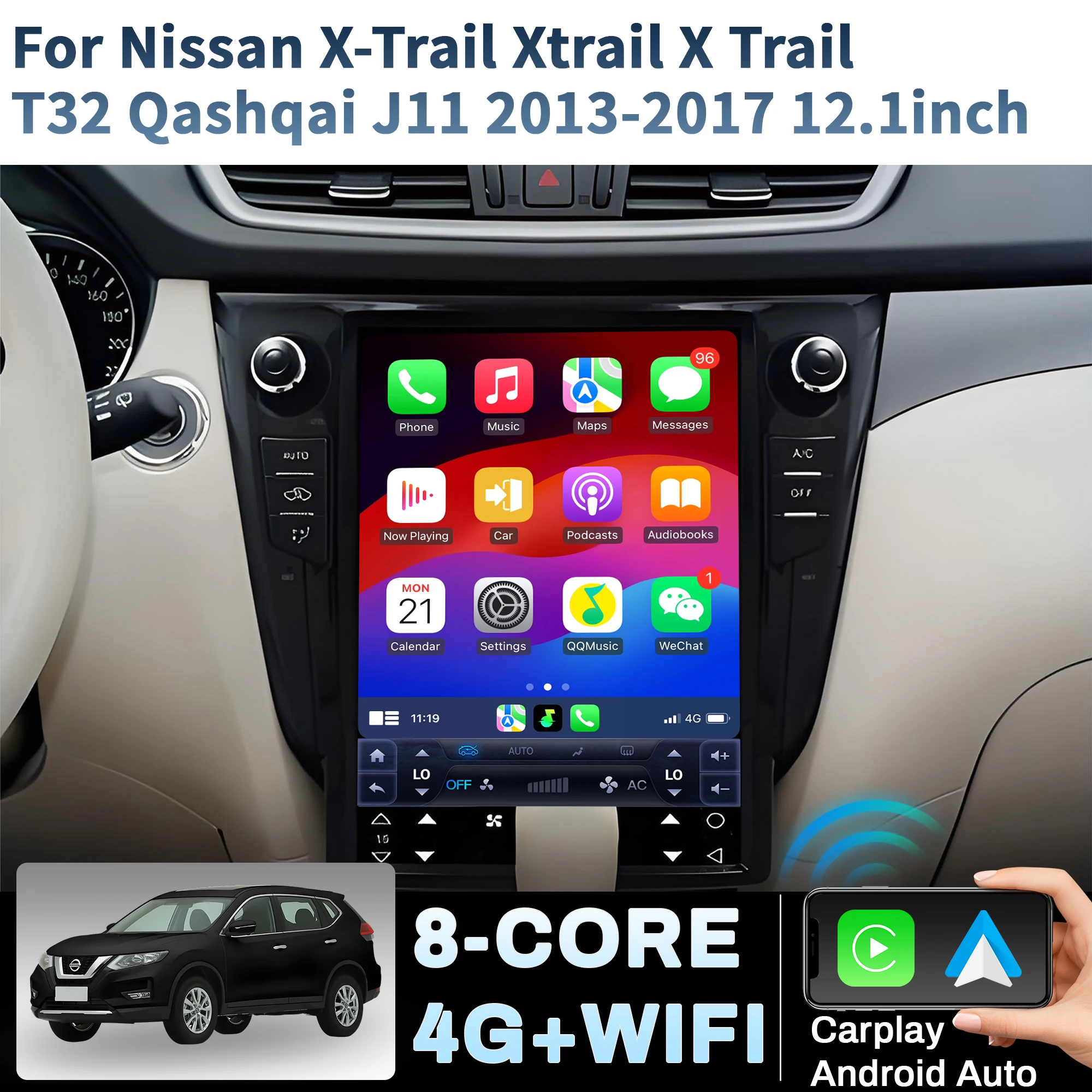 12.1 inch Android 14 Car Radio For Nissan X-Trail Xtrail X Trail T32 Qashqai J11 2013-2017 Wireless BT CarPlay Head Unit Screen