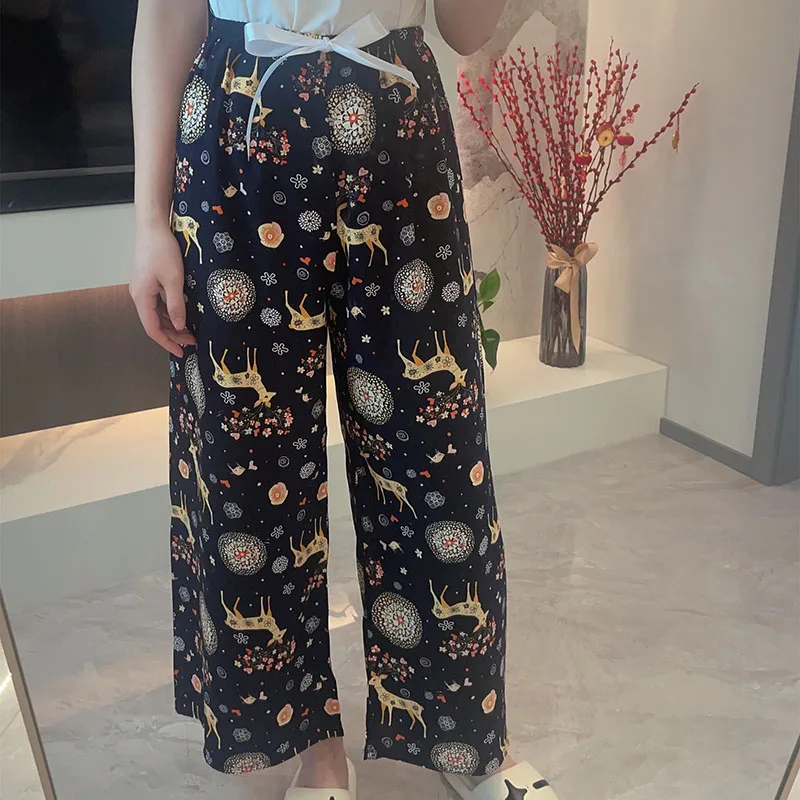 Pajama Pants Woman Rayon Floral Pattern Wide-Legged Trousers Cotton Silk Sleeping Pants Autumn and Winter Outside Homewear Girl