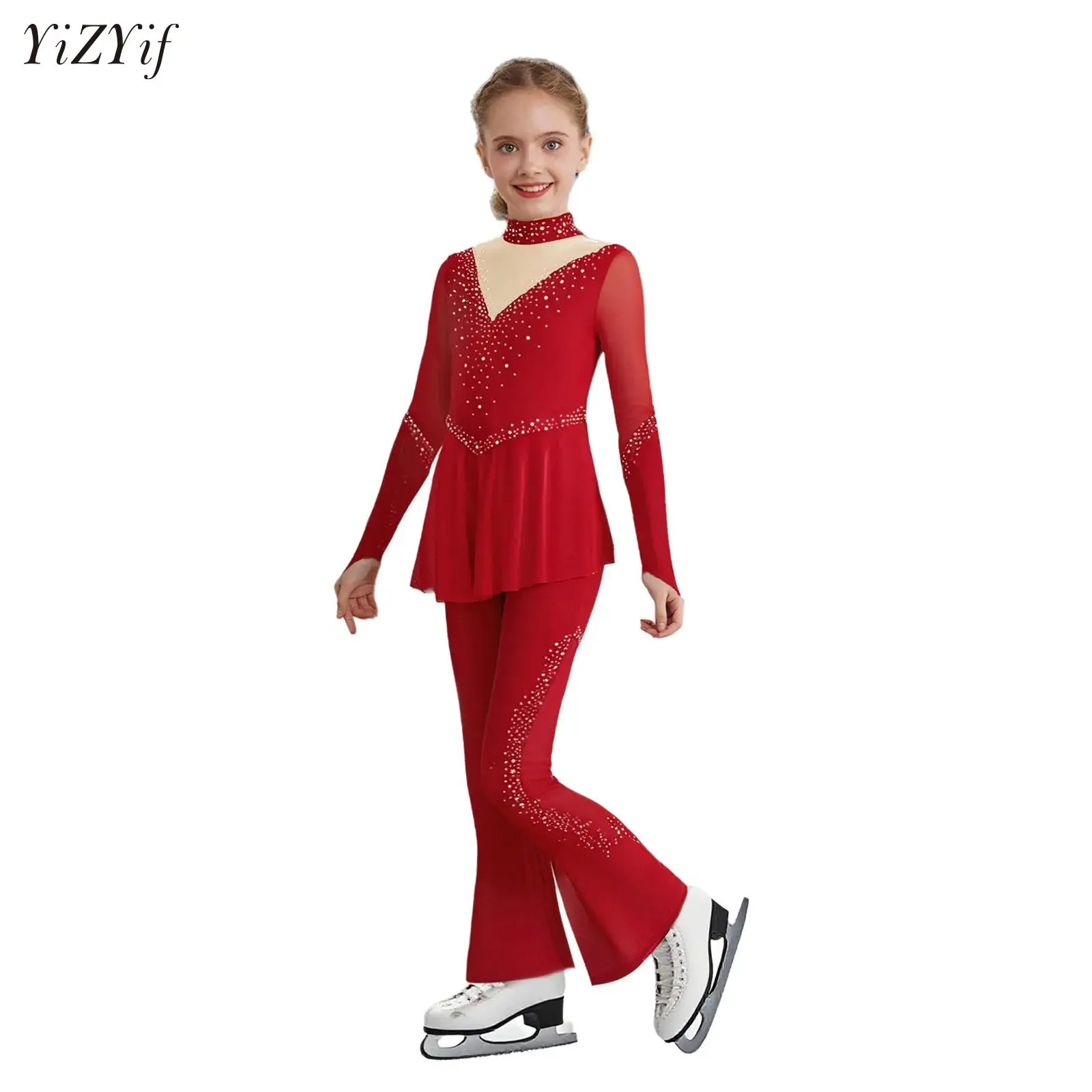 

Kids Girls Ballet Dance Skirted Jumpsuit Acrobatics Gymnastics Leotards Long Sleeve Shiny Figure Skating Performance Costume
