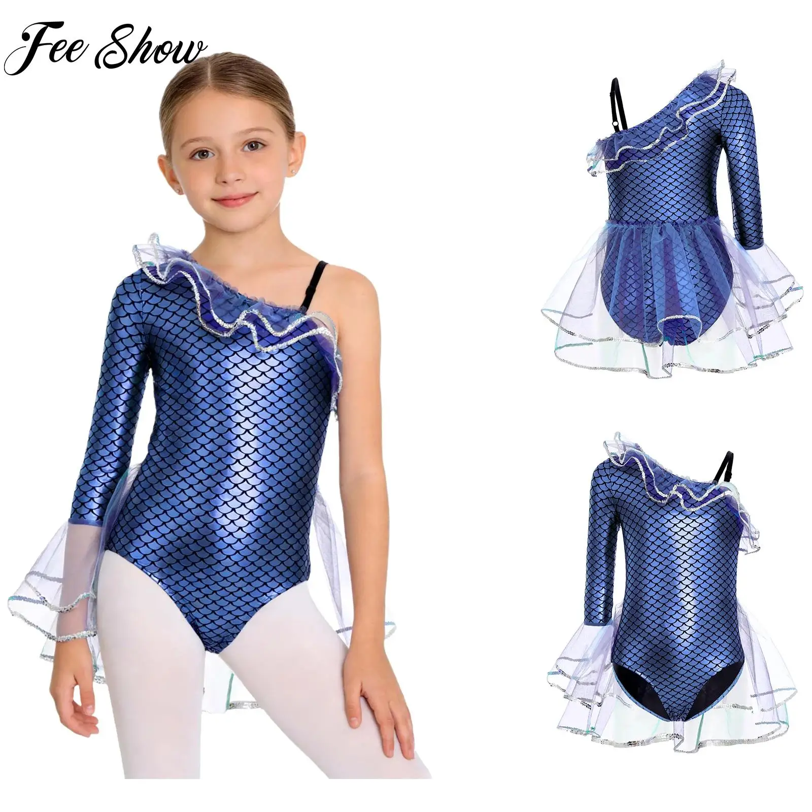 

Ballet Leotard for Girls Festival Mermaid Cosplay Costume Right Mesh Flare Cuff Bodysuit Jumpsuit for Carnival Party Performance