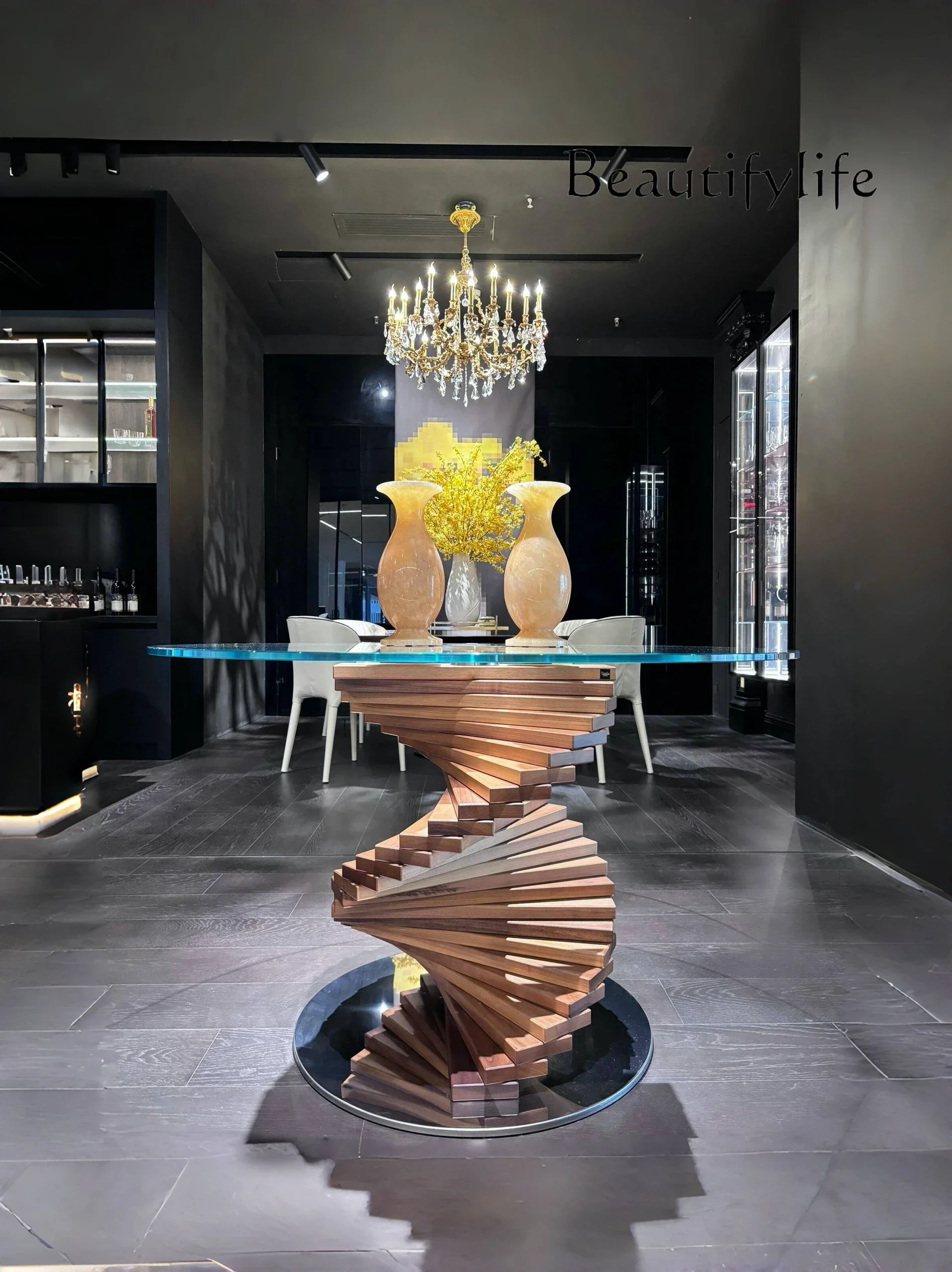 Q  Italian retro arc design tempered glass round table light luxury special-shaped ash solid wood rotating ladder dining table