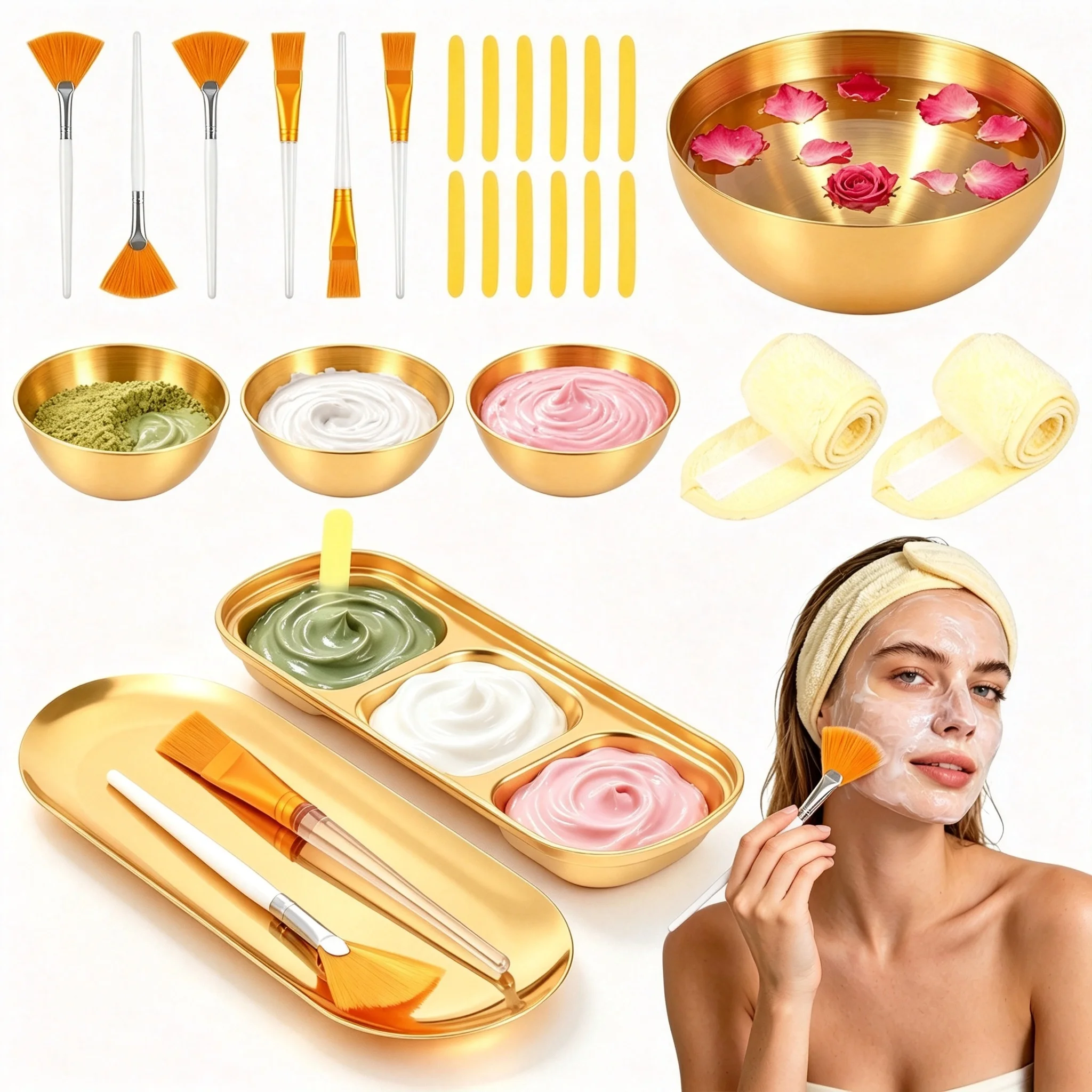 26/23Pcs Esthetician Facial Supplies Set Stainless Steel Mixing Bowls Fan Brushes 3 Serving Tray for Professional Spa Facial Kit