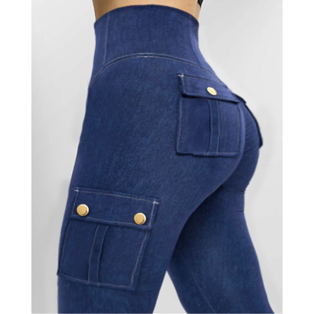 سراويل يوجا نسائية عالية الخصر للتحكم في البطن ورفع المؤخرة من قماش الدنيم سراويل يوجا قابلة للتمدد مع جيوب قلابة سراويل نحيفة نشطة