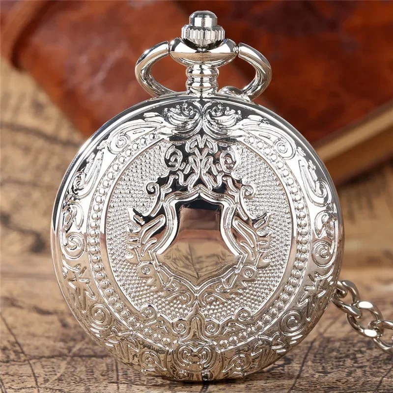 Silver Shield Case Hand Winding Mechanical Pocket Watch Skeleton Wind Up Arabic Number Watches Pendant FOB Chain Gift