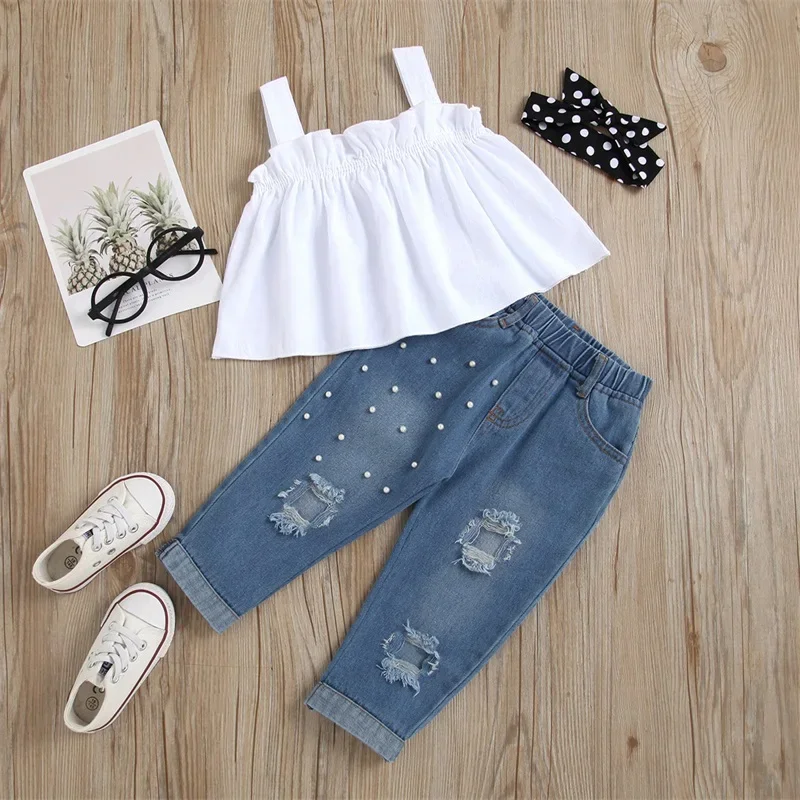 1-6years Girls Summer Pants Clothes Sets White Cami Tops daily cute Denim Pants Kids girls Outfits