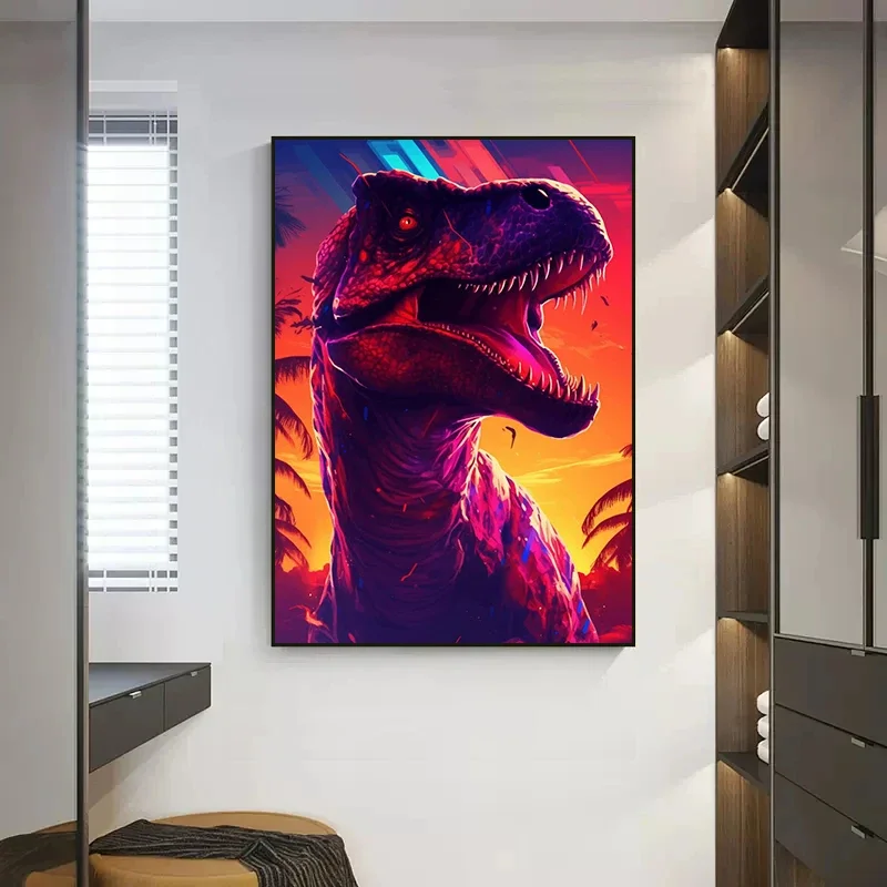 Animal Dinosaur T Rex Retro Sunset Sun SynthWave Canvas Painting Wall Art Picture for Living Room Home Decor