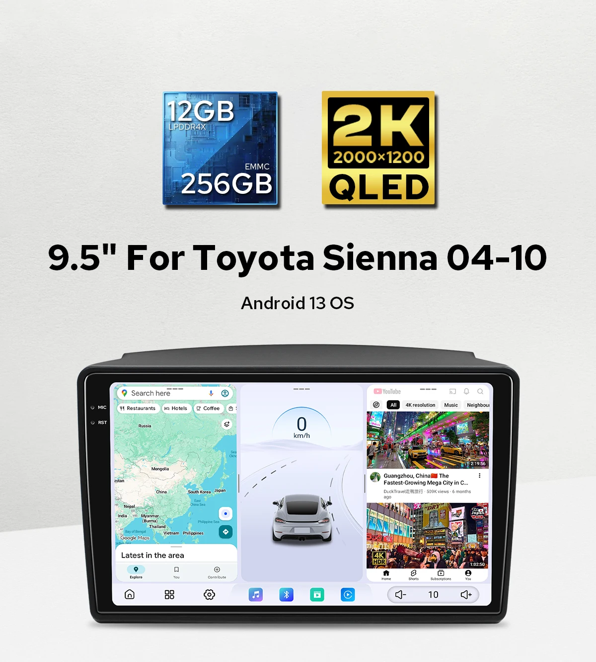 New Arrival 9.5 Inch Android Car Radios For Toyota Sienna 2004-2010 Multimedia Player 12GB RAM 256GB ROM 2000*1200 Plug&Play