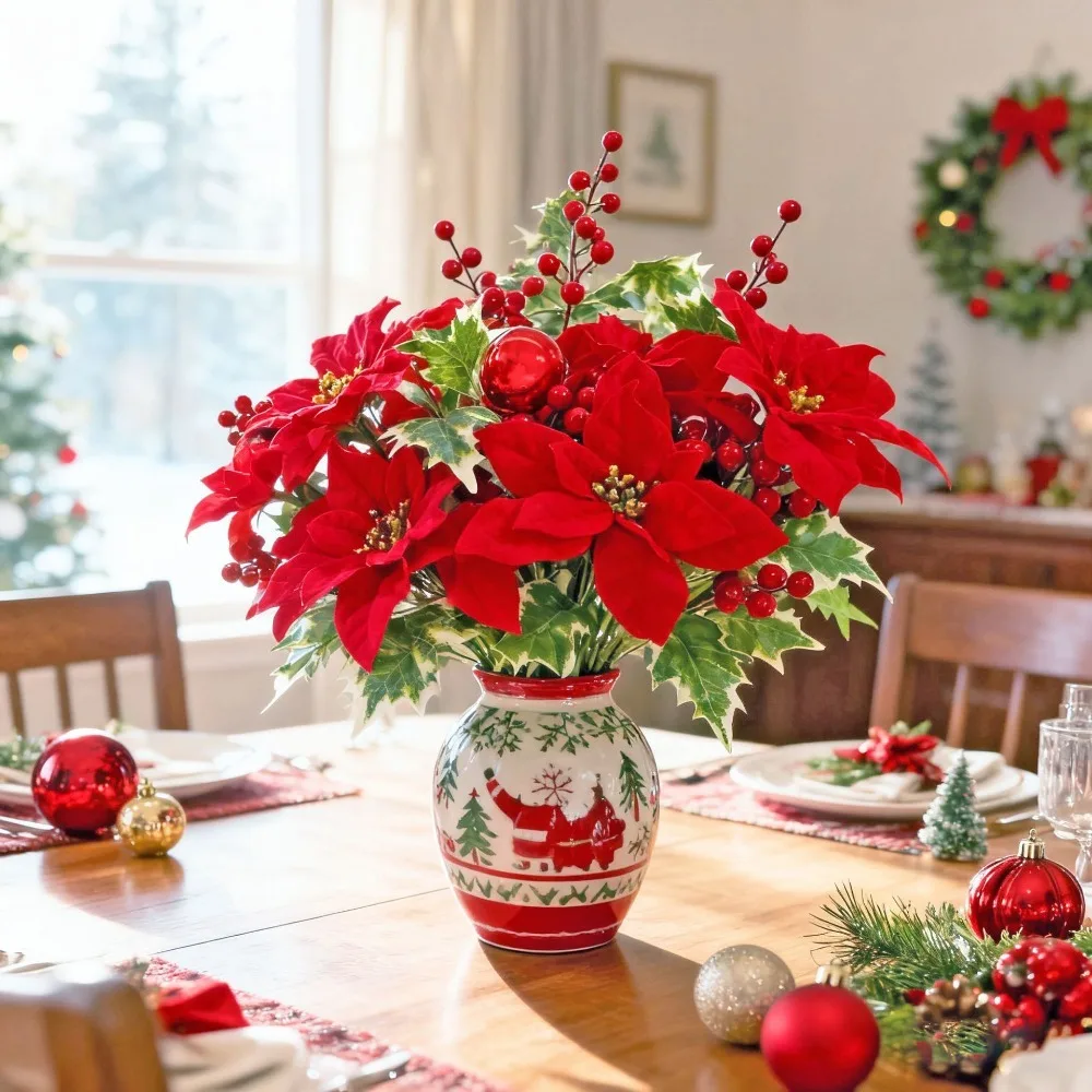 7 Heads Artificial Christmas Poinsettia Bouquet, Faux Red Poinsettia with Berries Ball Ornaments for Xmas Vase Wreath Decor