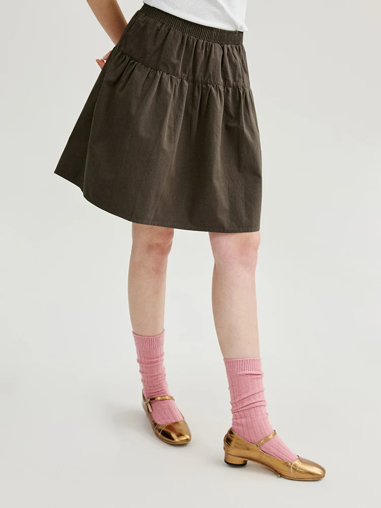 AMUU North Island Retro  Color Elastic Waist Cotton A-Line  Skirt Women's Summer New Folded Half-length Skirt