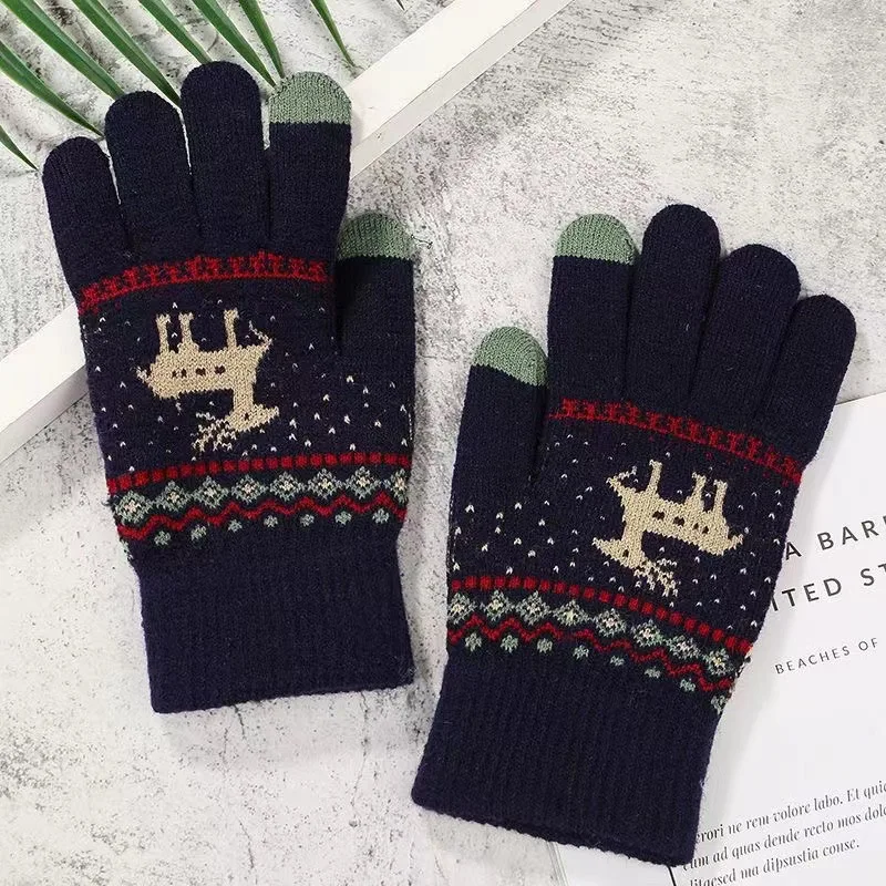 2024 Autumn and Winter Thickened Velvet Christmas Deer Jacquard Knitted Warm Finger Touch Screen Gloves Wholesale 여성장갑