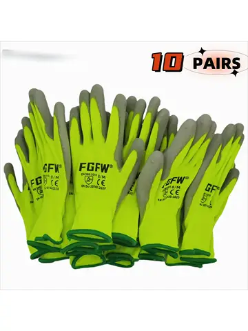 10 Pairs PU Coated Work Gloves - Lightweight, Durable Safety Gloves EN 388/ISO20471 Certified, Sizes S/M/L/XL