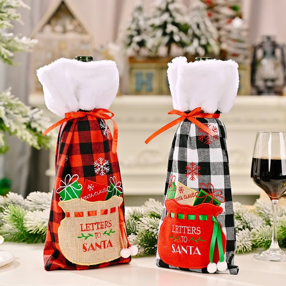 Reusable Christmas Wine Bottle Cover Champagne Bottle Cover Exquisite Creative Wine Bottle Set Black Plaid with Embroidered