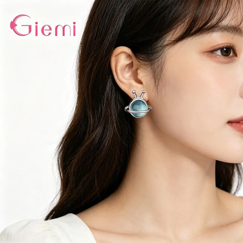 Niedliche, süße Ohrstecker aus 925er-Sterlingsilber mit blauem Planeten-Kristall und Zirkon für Damen und Mädchen, Hochzeit, Party, Modeschmuck, Geschenke