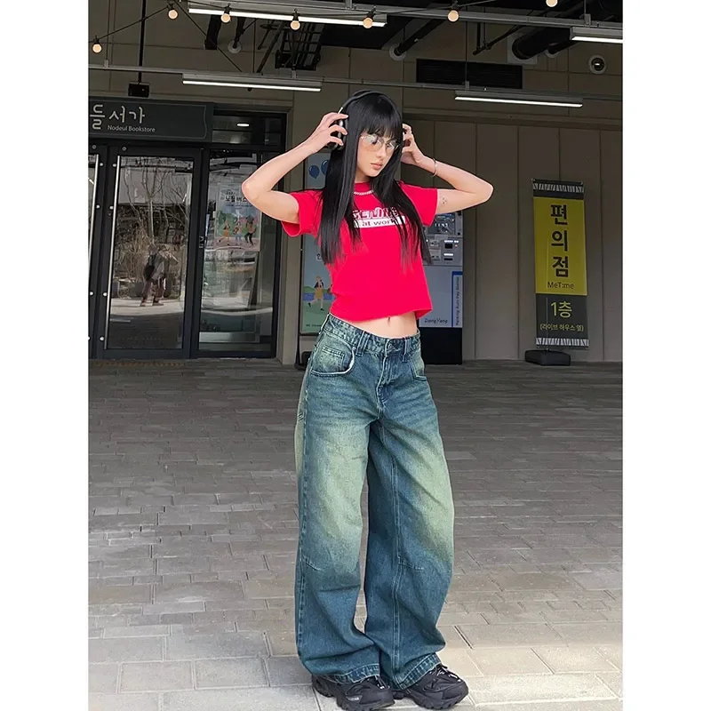 High Waisted Blue Women's Jeans Fashion Streetwear Casual Vintage Baggy Straight 2024 Y2K Denim Trouser Wide Leg Pant Aesthetics