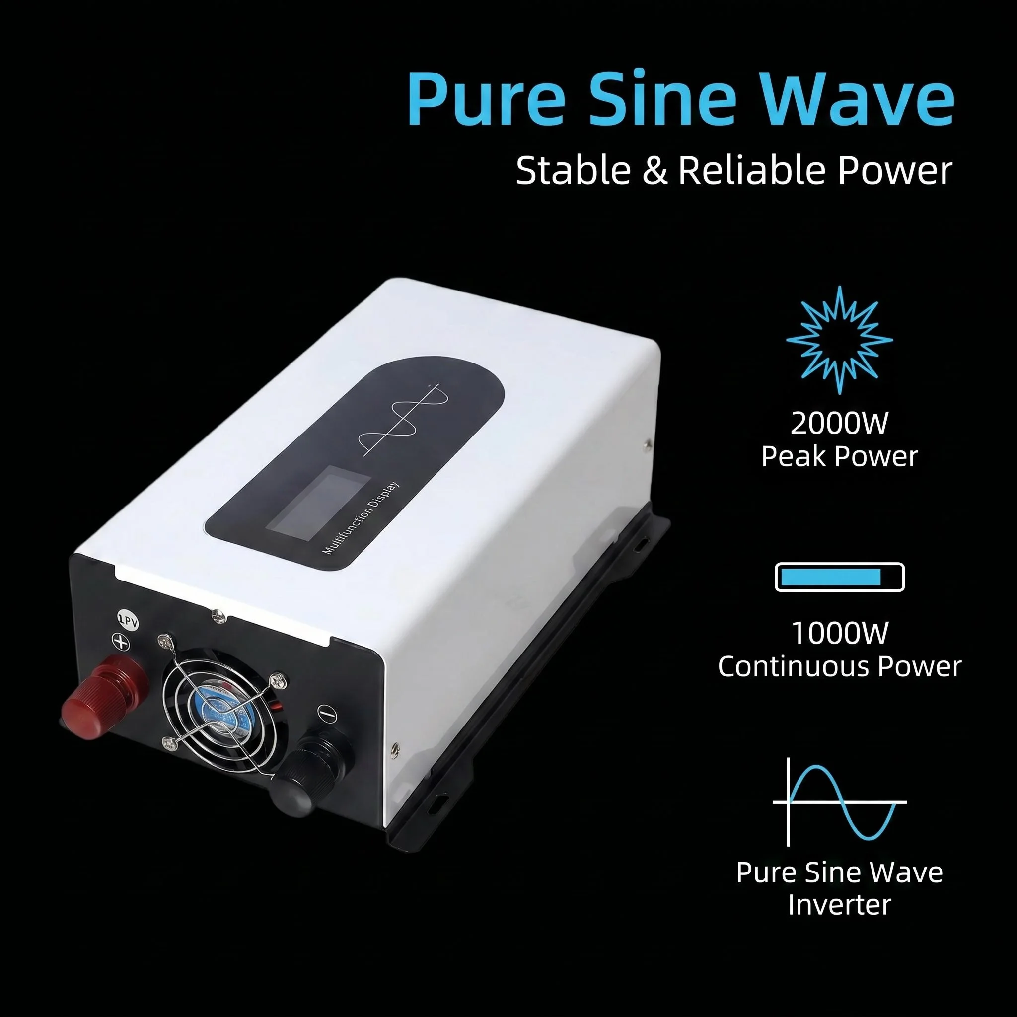 1000W Continuous Pure Sine Wave Inverter, 2000W Peak Power, DC 12V/24V/48V/60V/72V to AC 110V/120V Power Converter for Car, Sola