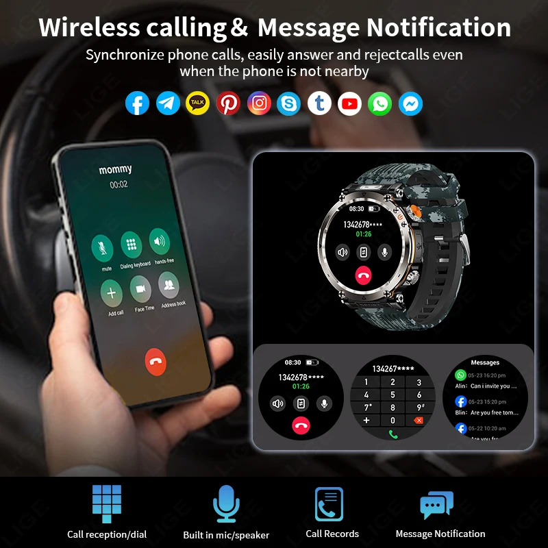 LIGE Smart Uhr Männer 600 mAh Batterie LED Taschenlampe Bluetooth Anruf Kompass Uhr Herzfrequenz Gesundheit Wasserdichte Sport Smartwatches