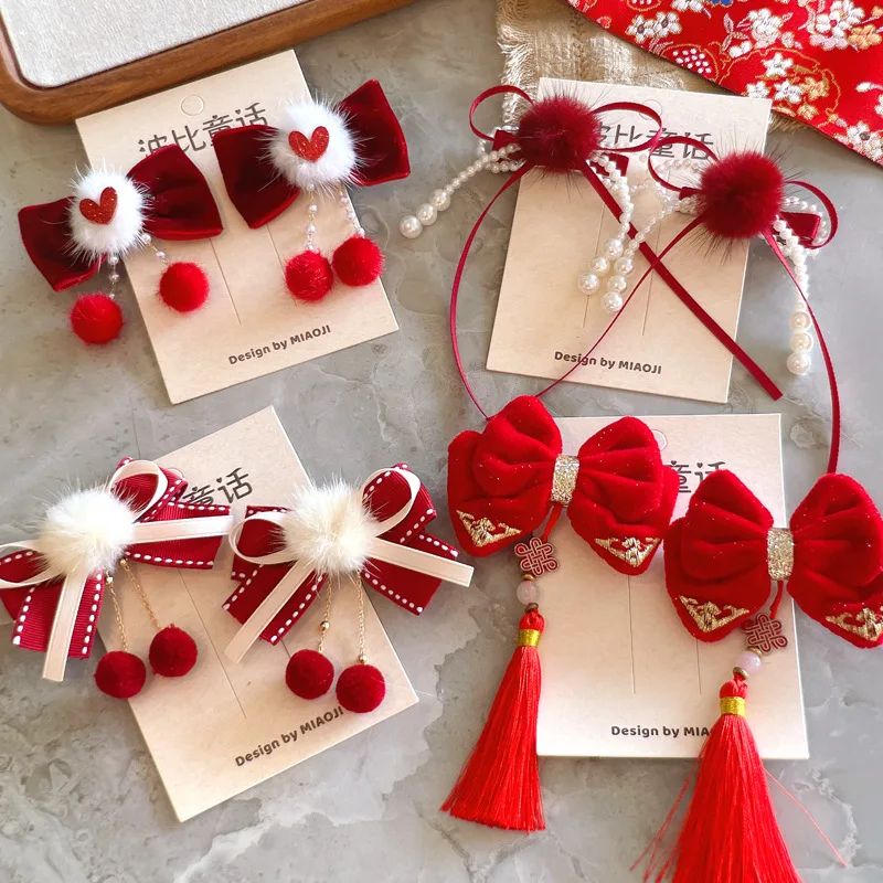 

Cute Bow Tassel Fur Ball Hair Clips 2Pcs Pair Traditional Hanfu Style Hair Accessories Chinese Style Headwear for Children