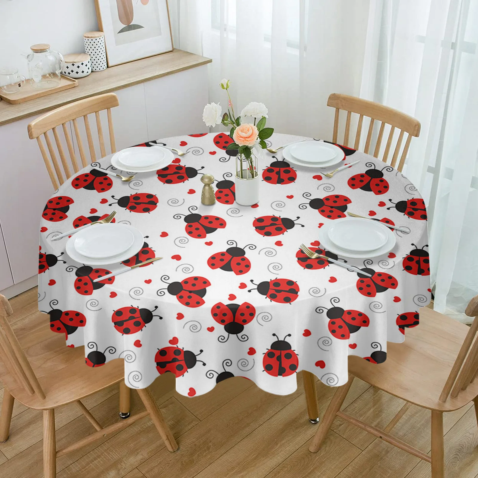 Red Ladybug Love White Round Waterproof Tablecloth Picnic Decorative Table Cover Home Party Wedding Dining Room Table Cloth