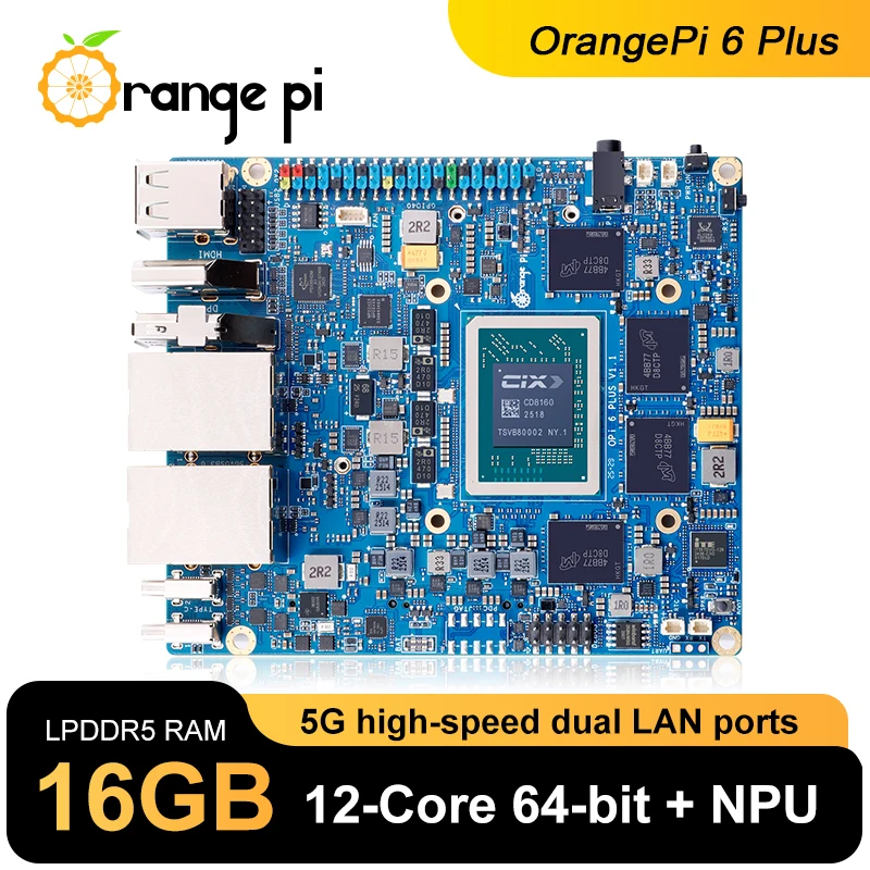 Orange Pi 6 Plus 16G + مبرد DDR5 CIX SoC Mini PC M2 NVME SSD 45TOPS NPU لوحة واحدة للكمبيوتر تشغيل Linux/Android/Windows/ROS2 OS