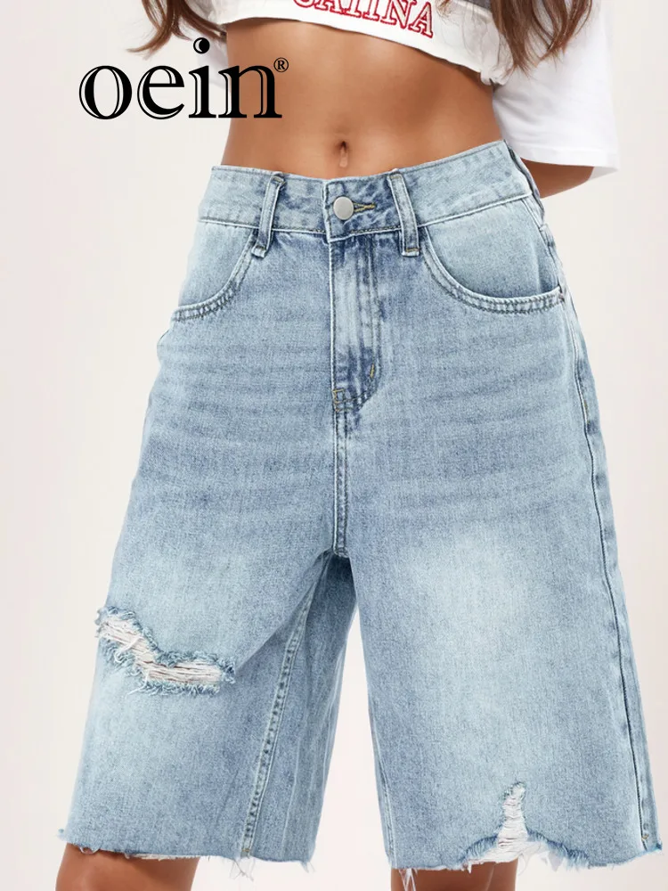 

[oein] 2024 Summer New American High Waisted Worn-out Jeans For Women, Made In Old Style, Loose And Fringed Cropped Pants