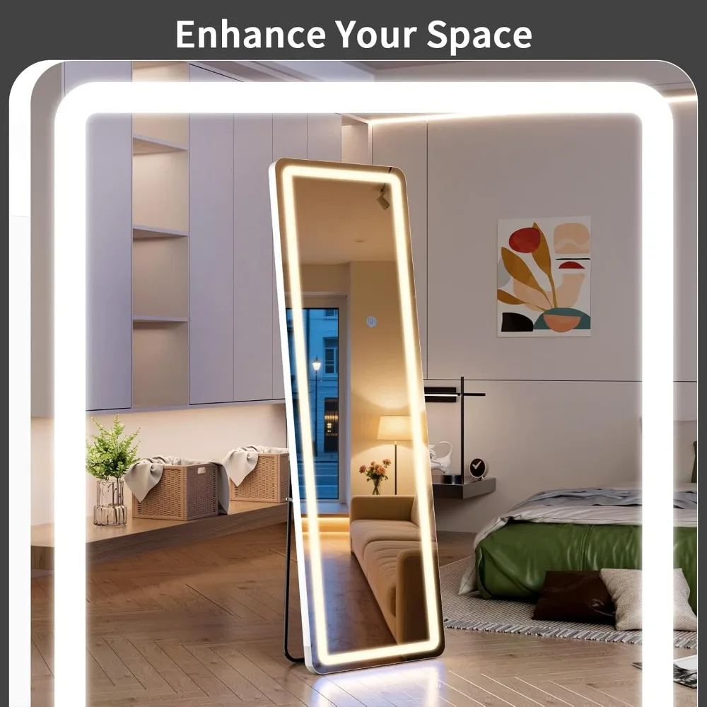 LED Illuminated Full-Length Mirror with Dimming and 3-Color Options, 63x20 Tall for Bedroom Use