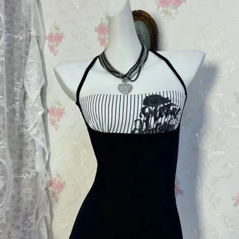Women Subculture Punk Vintage Y2k Fake Two Piece Halter Tops Sexy Gothic American Retro Casual Chic Wrap Chest Tanks Black Tees