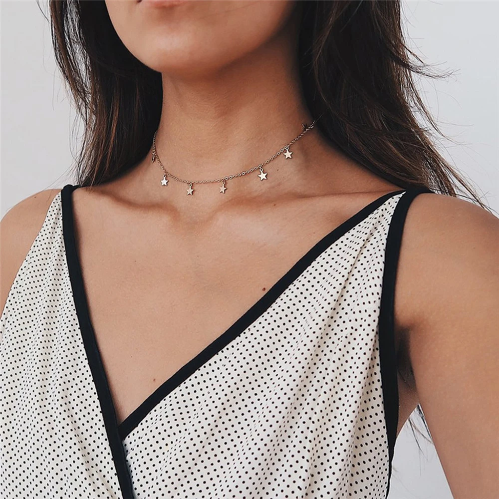 EManco Star Moon Choker Necklaces Gold Color for Women\'s Pendant Necklace Jewelry Simple Ladies Pentagon-Star Stainless Steel