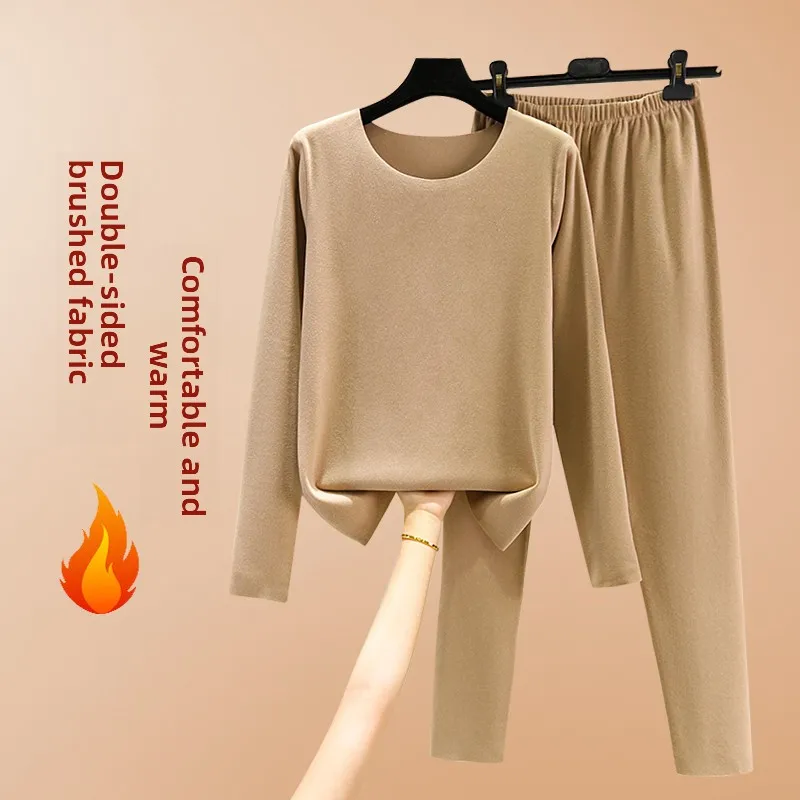 Thickened Fleece Warmth Underwear Set Women's Long Sleeve Cotton Padded Base Layer Shirt Pants Two-Piece Suit Autumn Winter