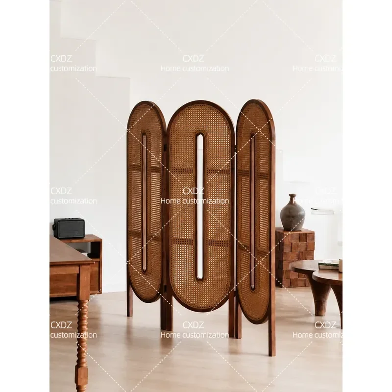 Japanese Solid Wood Foldable Screen Partition Antique Living Room Home Entrance Folding Screen Rattan Retro Cover Decoration